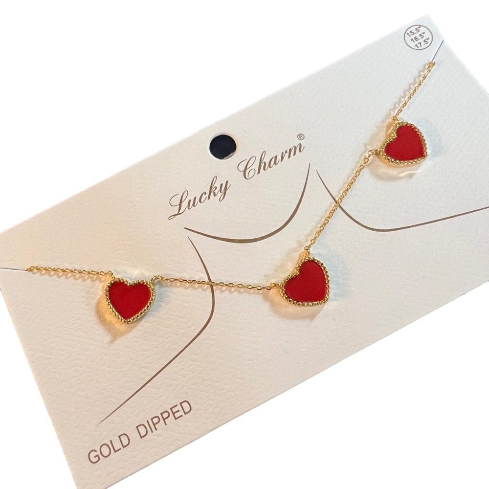 Lucky Charm Gold Dipped Three Hearts Necklace Red Gold NWT